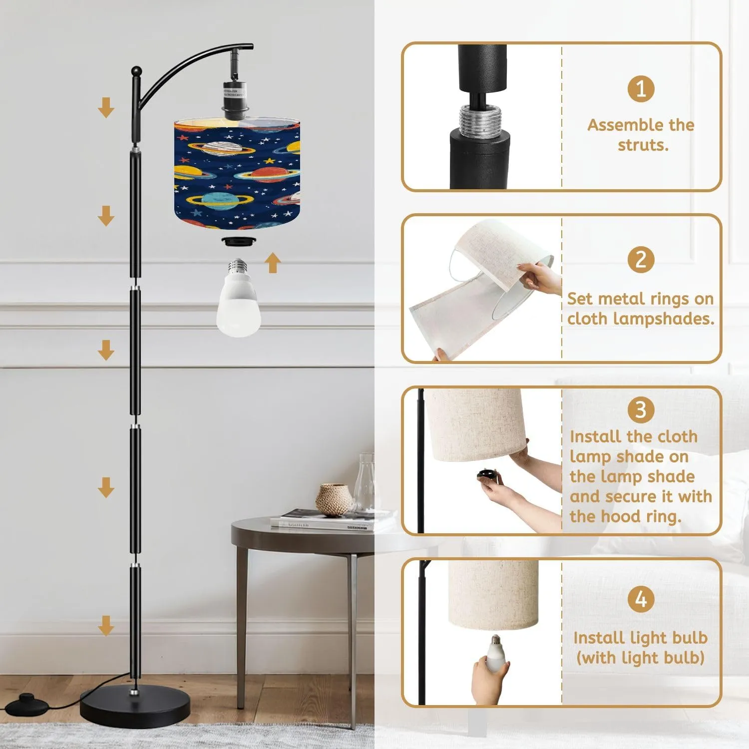 Arc Floor Lamps Space Seamless Pattern Planets Stars Doodle Cartoon Cute Saturn Planet Modern LED Adjustable Lampshade Standing Light for Living Room Reading Bedroom Office