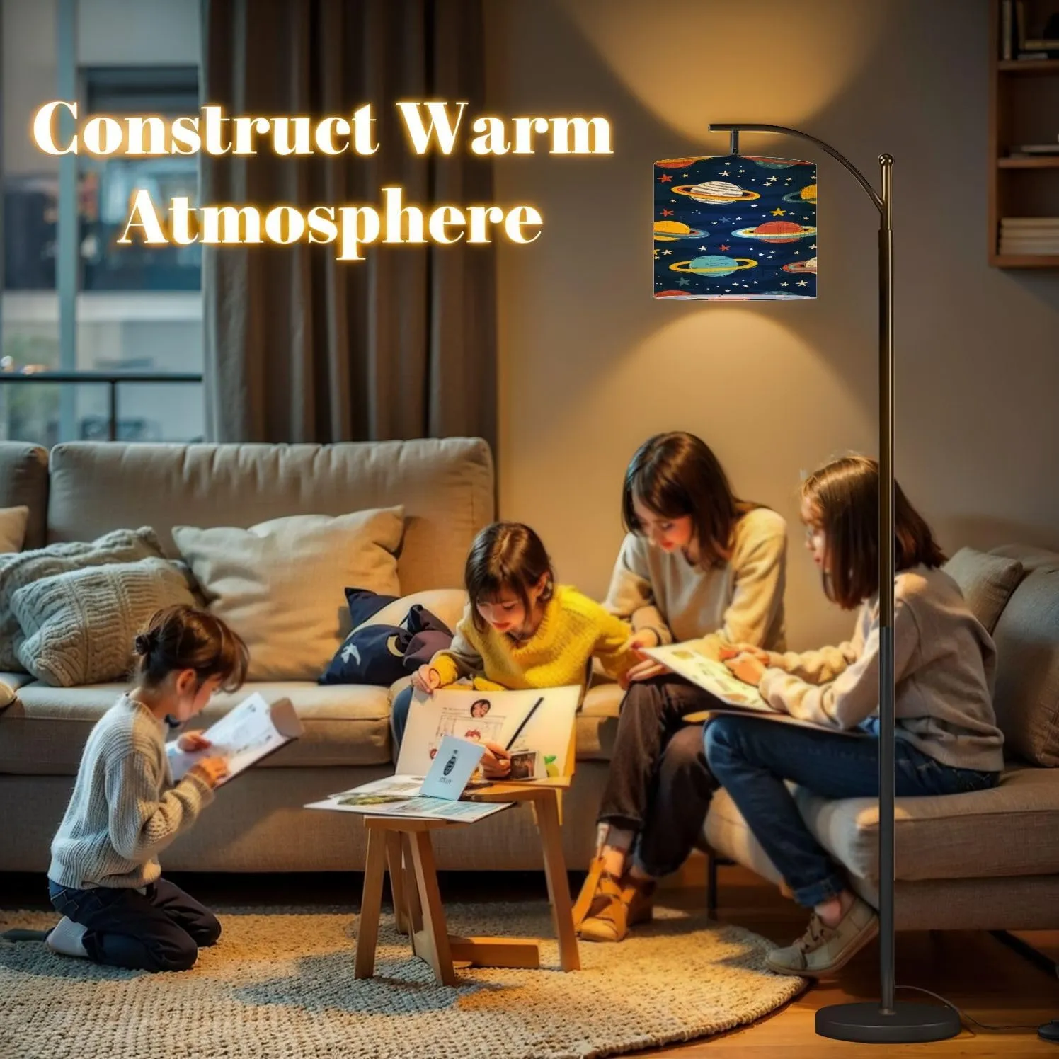 Arc Floor Lamps Space Seamless Pattern Planets Stars Doodle Cartoon Cute Saturn Planet Modern LED Adjustable Lampshade Standing Light for Living Room Reading Bedroom Office