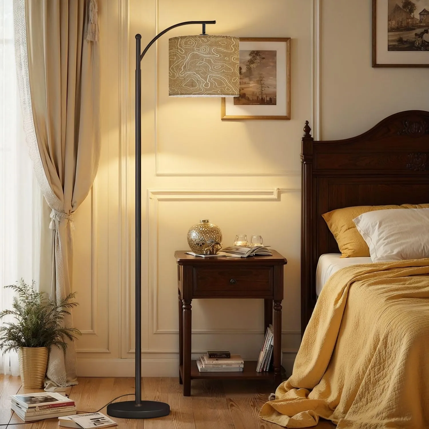 Arc Floor Lamps Topography map Abstract Pattern Modern LED Adjustable Lampshade Standing Light for Living Room Reading Bedroom Office