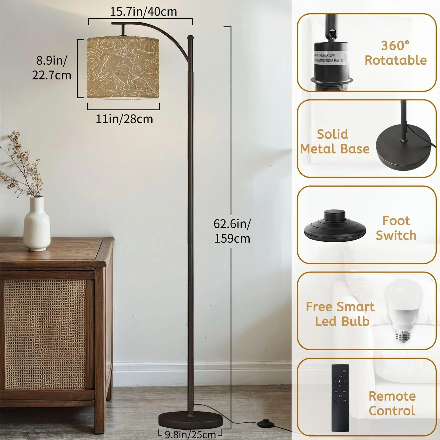 Arc Floor Lamps Topography map Abstract Pattern Modern LED Adjustable Lampshade Standing Light for Living Room Reading Bedroom Office