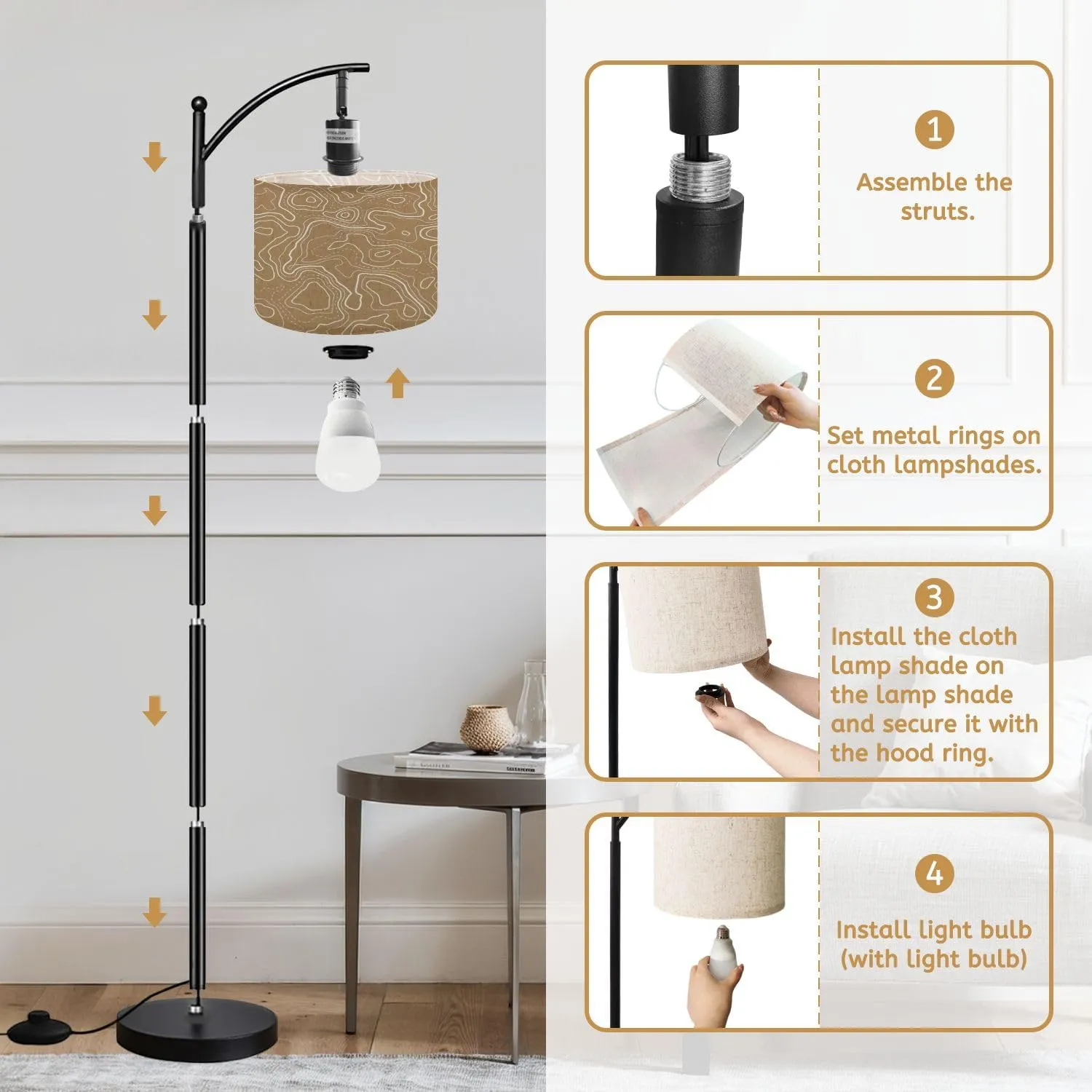 Arc Floor Lamps Topography map Abstract Pattern Modern LED Adjustable Lampshade Standing Light for Living Room Reading Bedroom Office