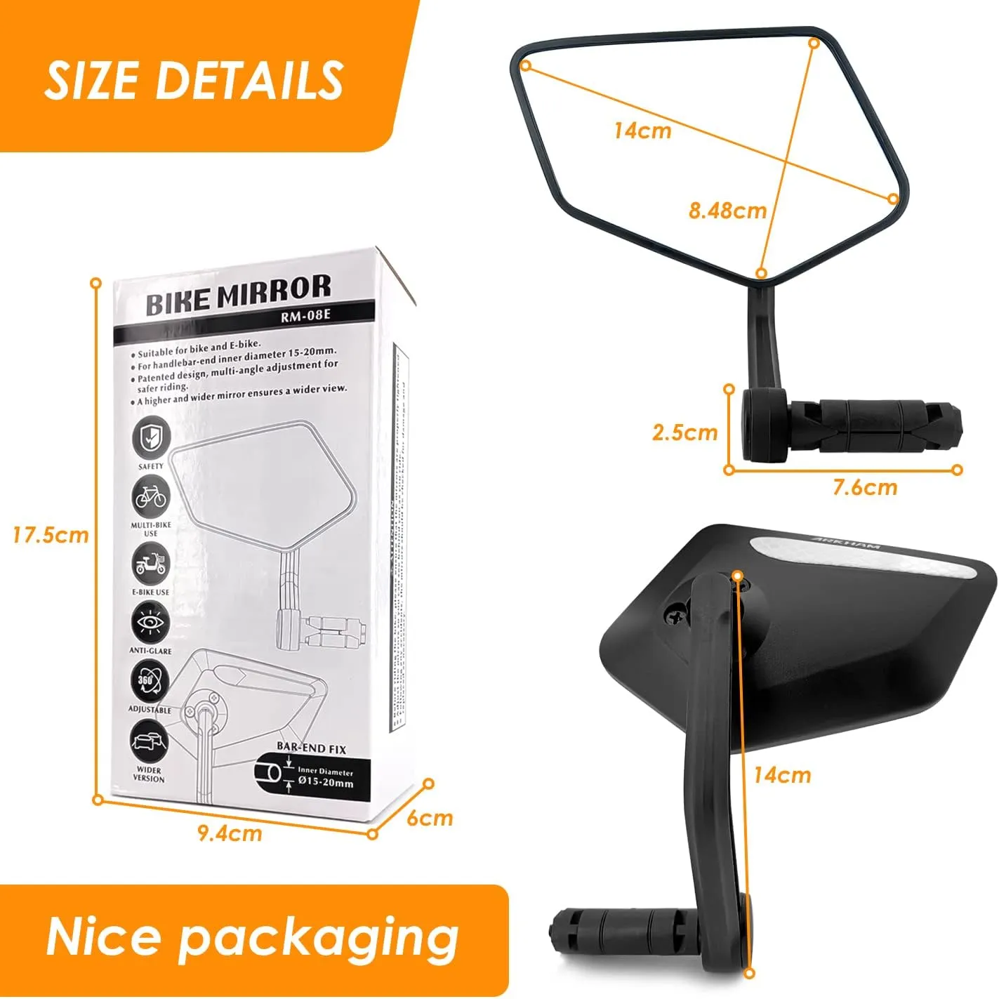 Arkham Bike Mirror for Handlebar HD Bar End Bicycle Mirror Thickened Automotive-Grade Glass for Handlebar Scratch Resistant Safe Rearview Mirror Multi-Angle Adjustable, E-Bike Universal, Left Side