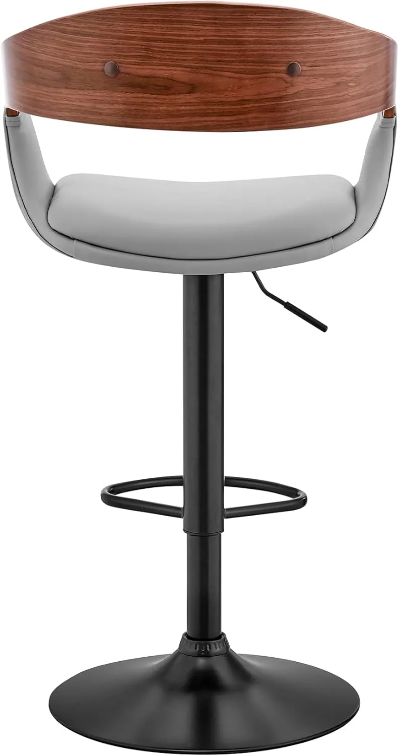 Armen Living Benson Adjustable Height Gray Faux Leather and Walnut Wood Bar Stool with Black Base