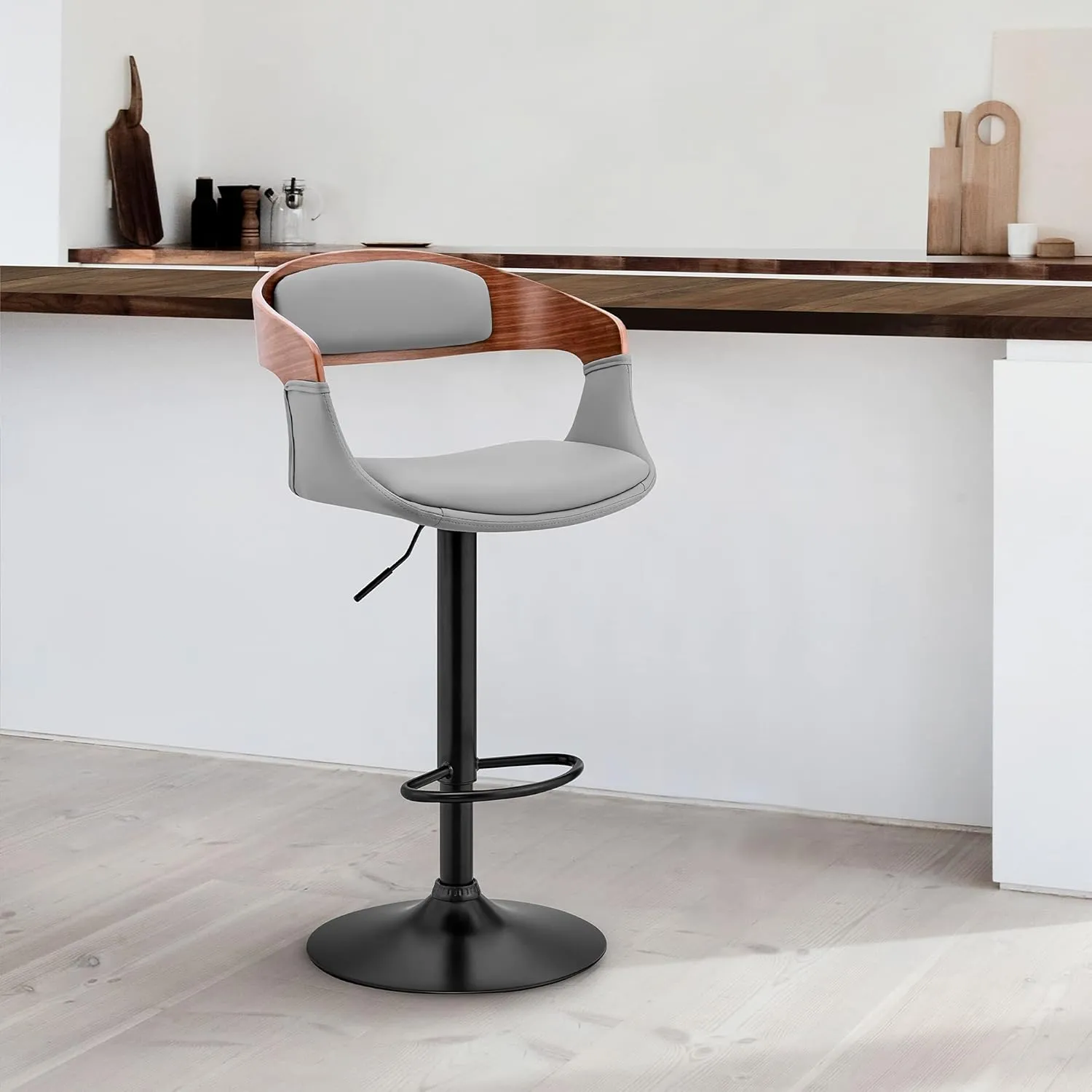 Armen Living Benson Adjustable Height Gray Faux Leather and Walnut Wood Bar Stool with Black Base