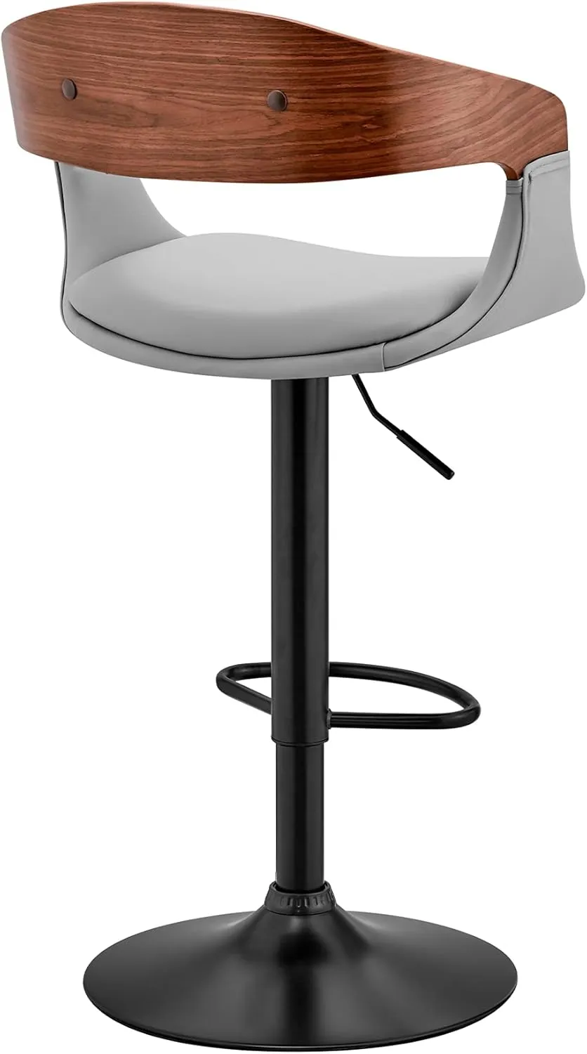 Armen Living Benson Adjustable Height Gray Faux Leather and Walnut Wood Bar Stool with Black Base