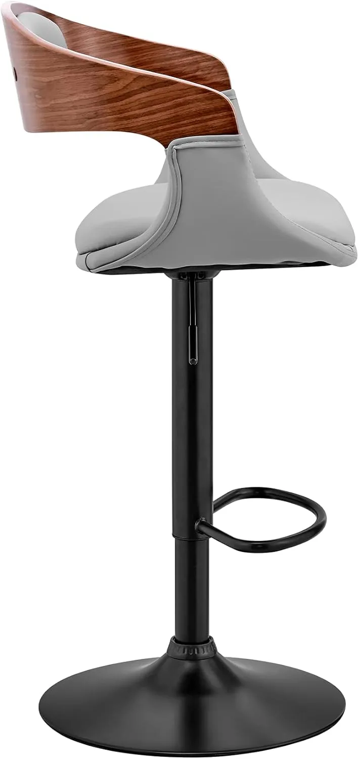 Armen Living Benson Adjustable Height Gray Faux Leather and Walnut Wood Bar Stool with Black Base