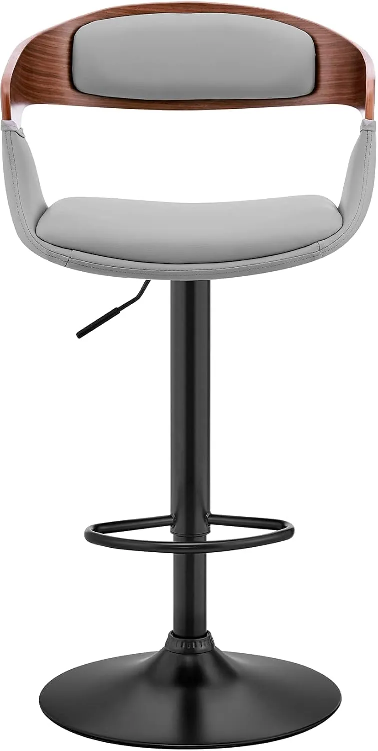 Armen Living Benson Adjustable Height Gray Faux Leather and Walnut Wood Bar Stool with Black Base