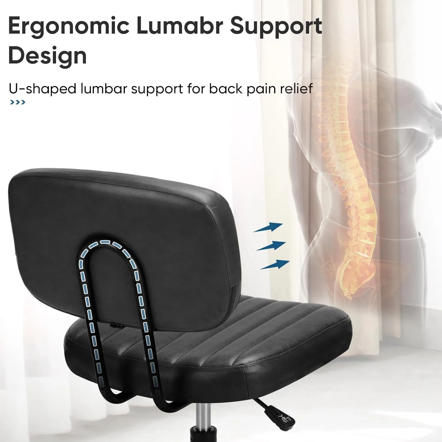 Armless Office Desk Chair, Small Height Adjustable Computer Task Chair with Low Back Lumbar Support and 360° Swivel Rolling Wheels for Small Space, Kids and Adults, Dark Black