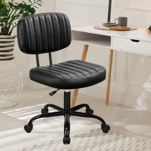 Armless Office Desk Chair, Small Height Adjustable Computer Task Chair with Low Back Lumbar Support and 360° Swivel Rolling Wheels for Small Space, Kids and Adults, Dark Black