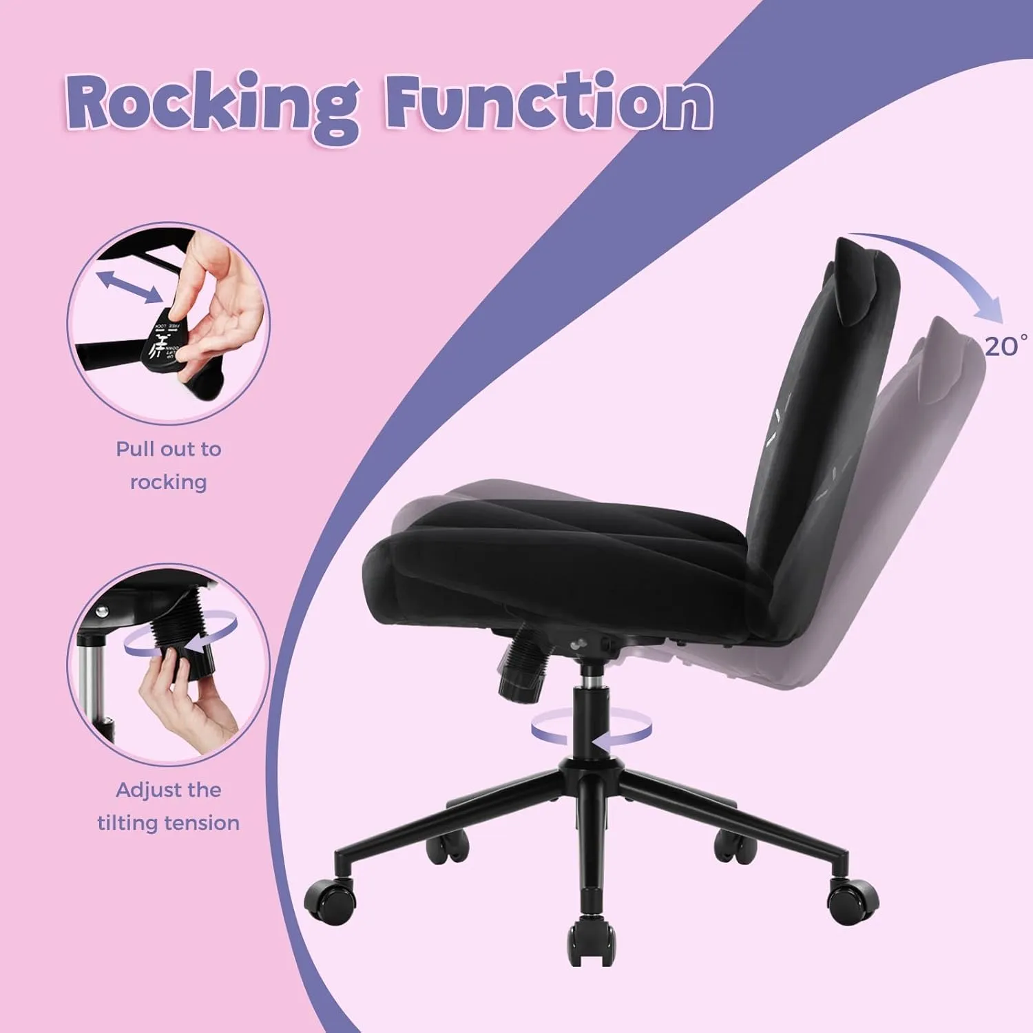 Armless Office Desk Chair with Wheels,Ergonomic Criss Cross Legged Computer Chair with Fabric Padded, Height Adjustable Wide Seat Vanity Chairs,Mid Back Task Chair for Home, Bedroom (Black)
