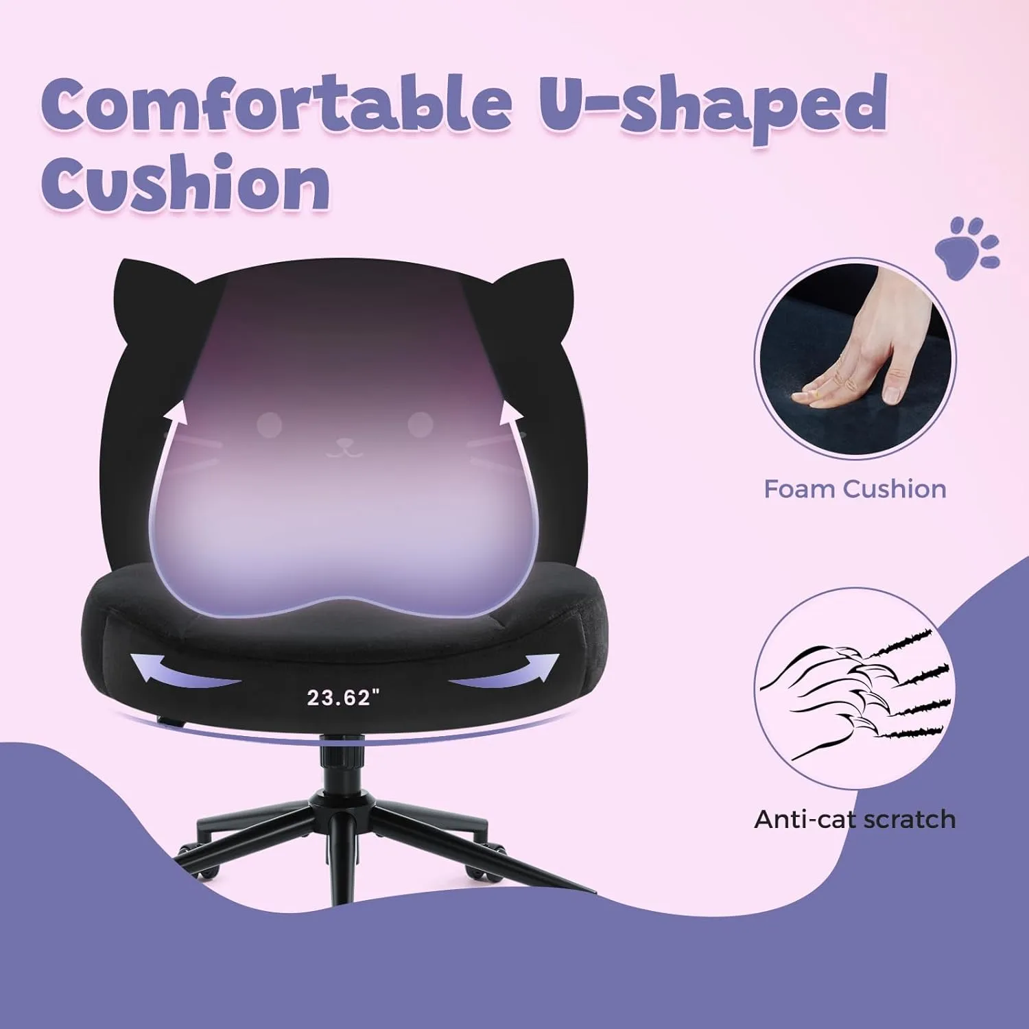 Armless Office Desk Chair with Wheels,Ergonomic Criss Cross Legged Computer Chair with Fabric Padded, Height Adjustable Wide Seat Vanity Chairs,Mid Back Task Chair for Home, Bedroom (Black)