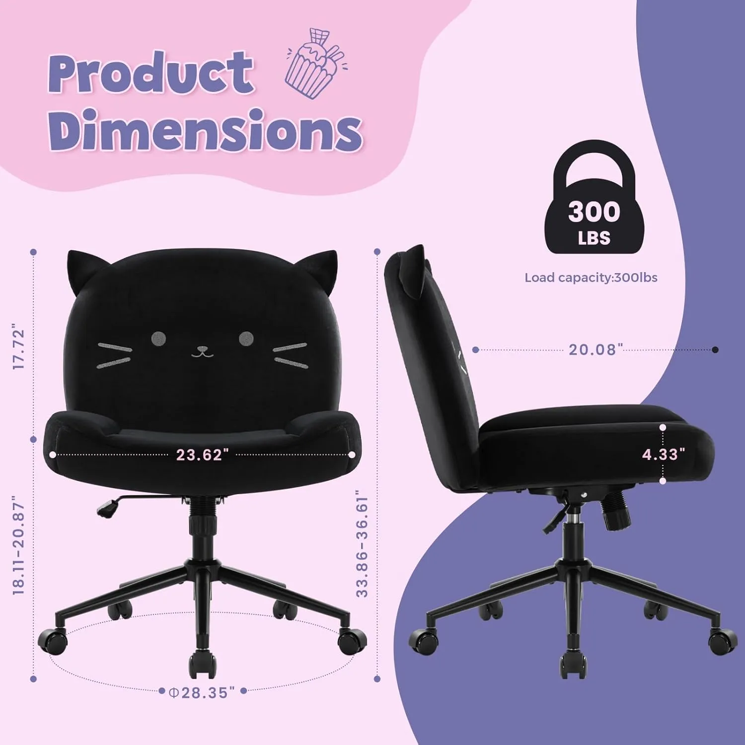 Armless Office Desk Chair with Wheels,Ergonomic Criss Cross Legged Computer Chair with Fabric Padded, Height Adjustable Wide Seat Vanity Chairs,Mid Back Task Chair for Home, Bedroom (Black)