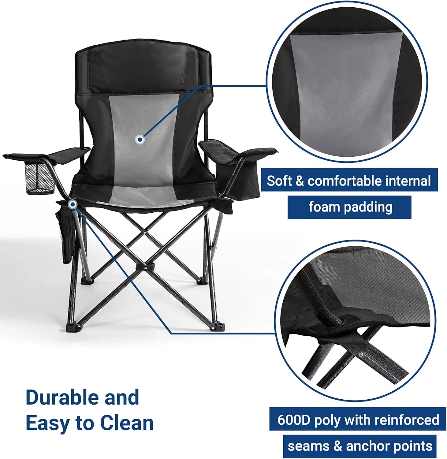 AsterOutdoor Camping Folding Chair Padded Quad Arm Chair with Large Cup Holders, Side Organizer & Back Pocket for Outdoor, Camp, Indoor, Patio, Fishing, Supports 350lbs