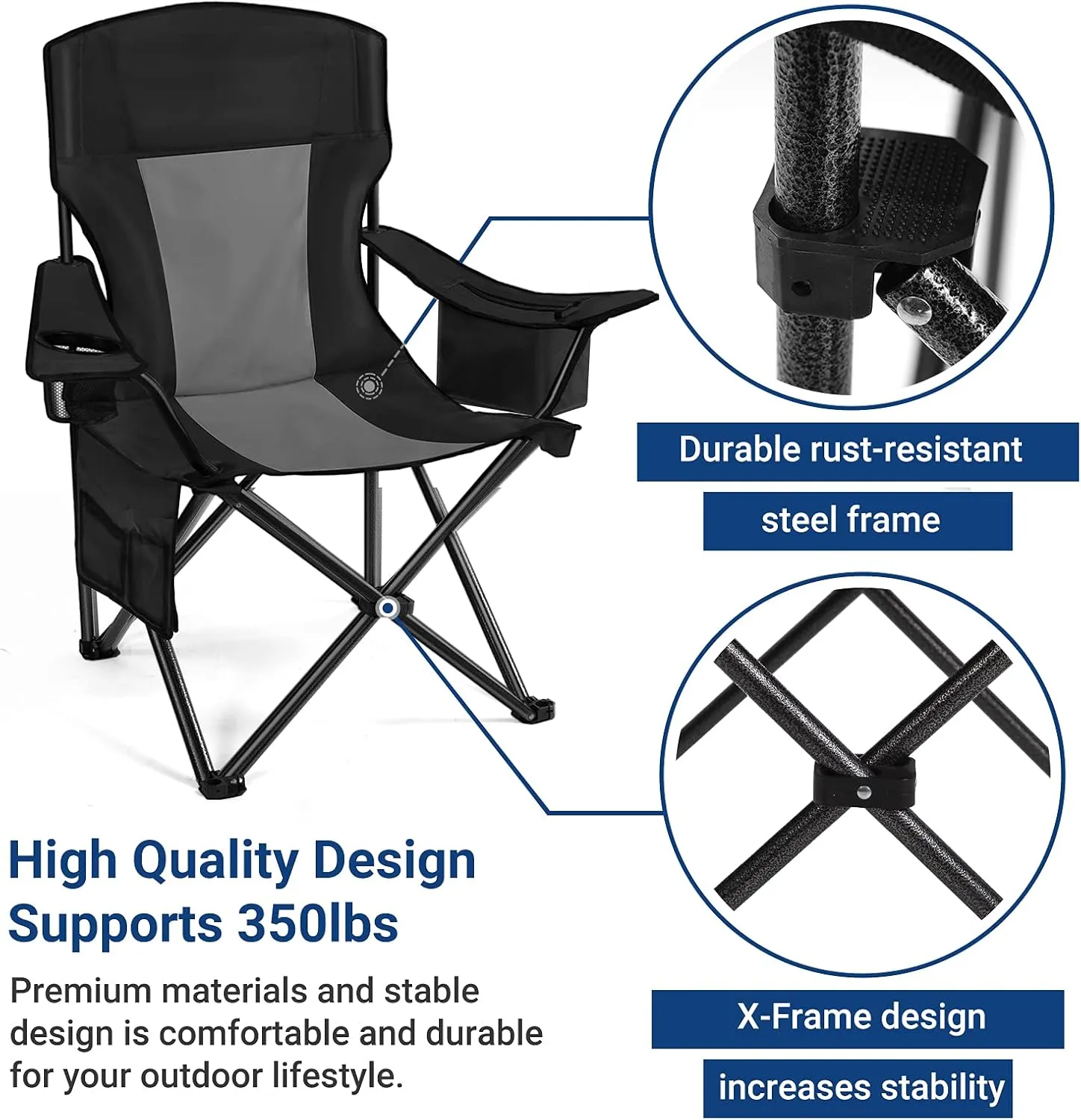 AsterOutdoor Camping Folding Chair Padded Quad Arm Chair with Large Cup Holders, Side Organizer & Back Pocket for Outdoor, Camp, Indoor, Patio, Fishing, Supports 350lbs