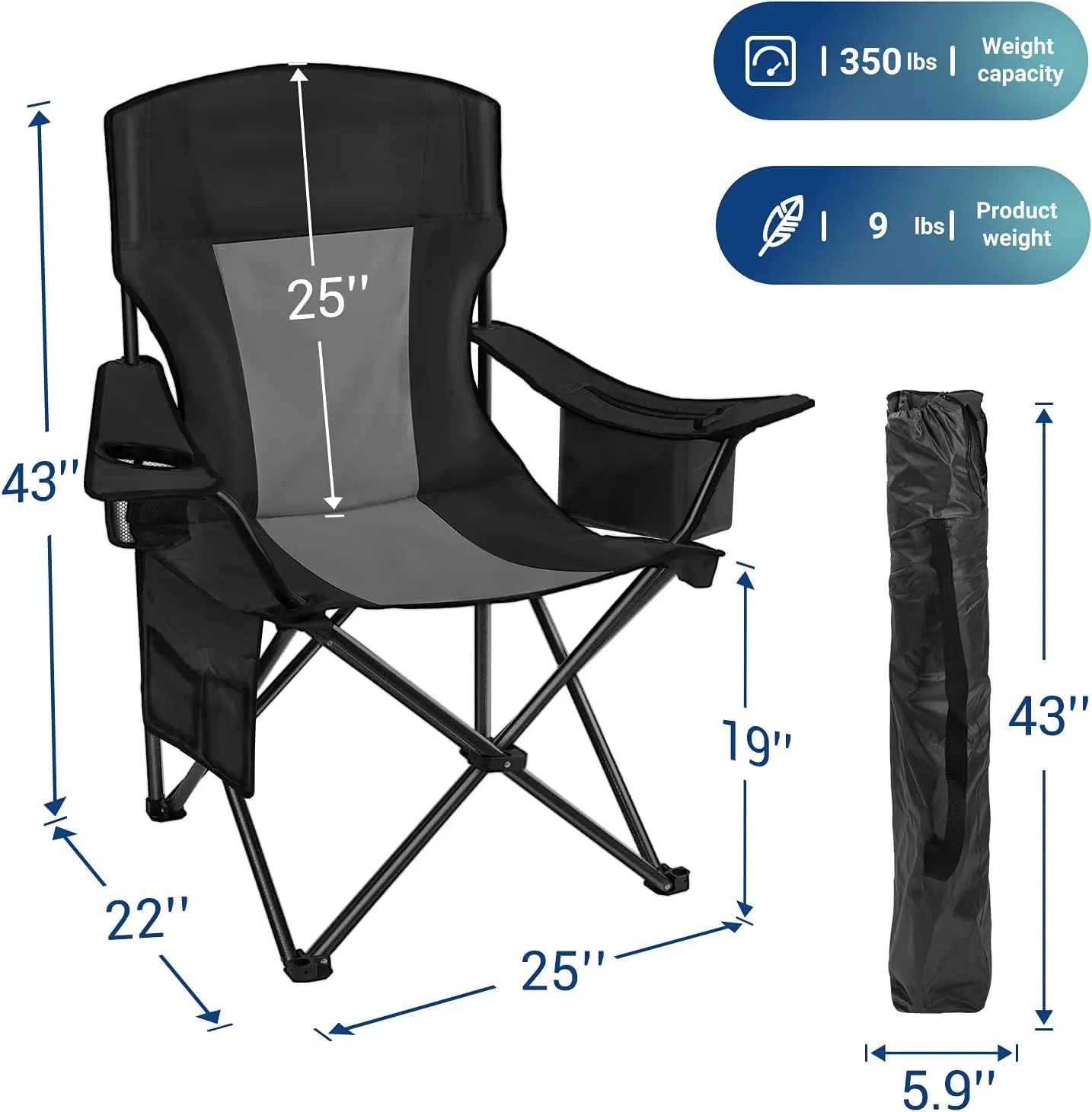 AsterOutdoor Camping Folding Chair Padded Quad Arm Chair with Large Cup Holders, Side Organizer & Back Pocket for Outdoor, Camp, Indoor, Patio, Fishing, Supports 350lbs