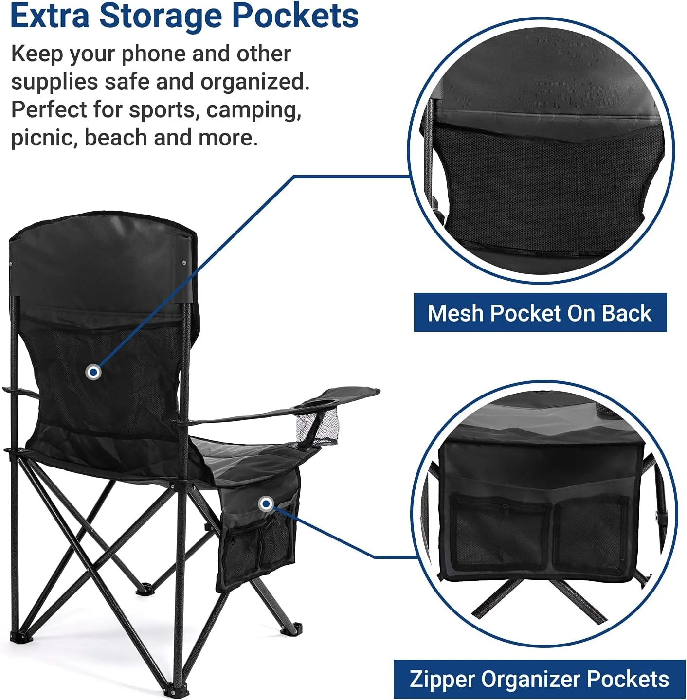 AsterOutdoor Camping Folding Chair Padded Quad Arm Chair with Large Cup Holders, Side Organizer & Back Pocket for Outdoor, Camp, Indoor, Patio, Fishing, Supports 350lbs
