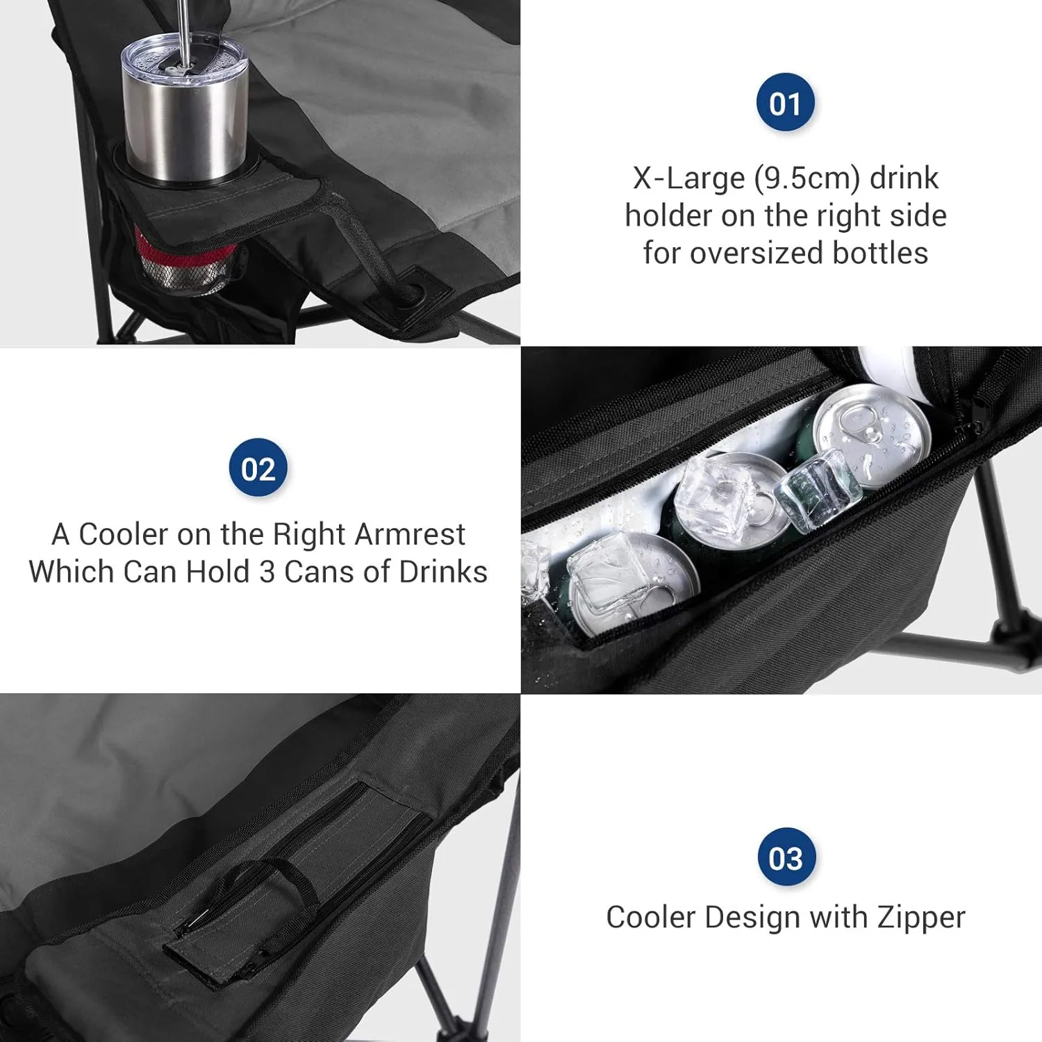 AsterOutdoor Camping Folding Chair Padded Quad Arm Chair with Large Cup Holders, Side Organizer & Back Pocket for Outdoor, Camp, Indoor, Patio, Fishing, Supports 350lbs