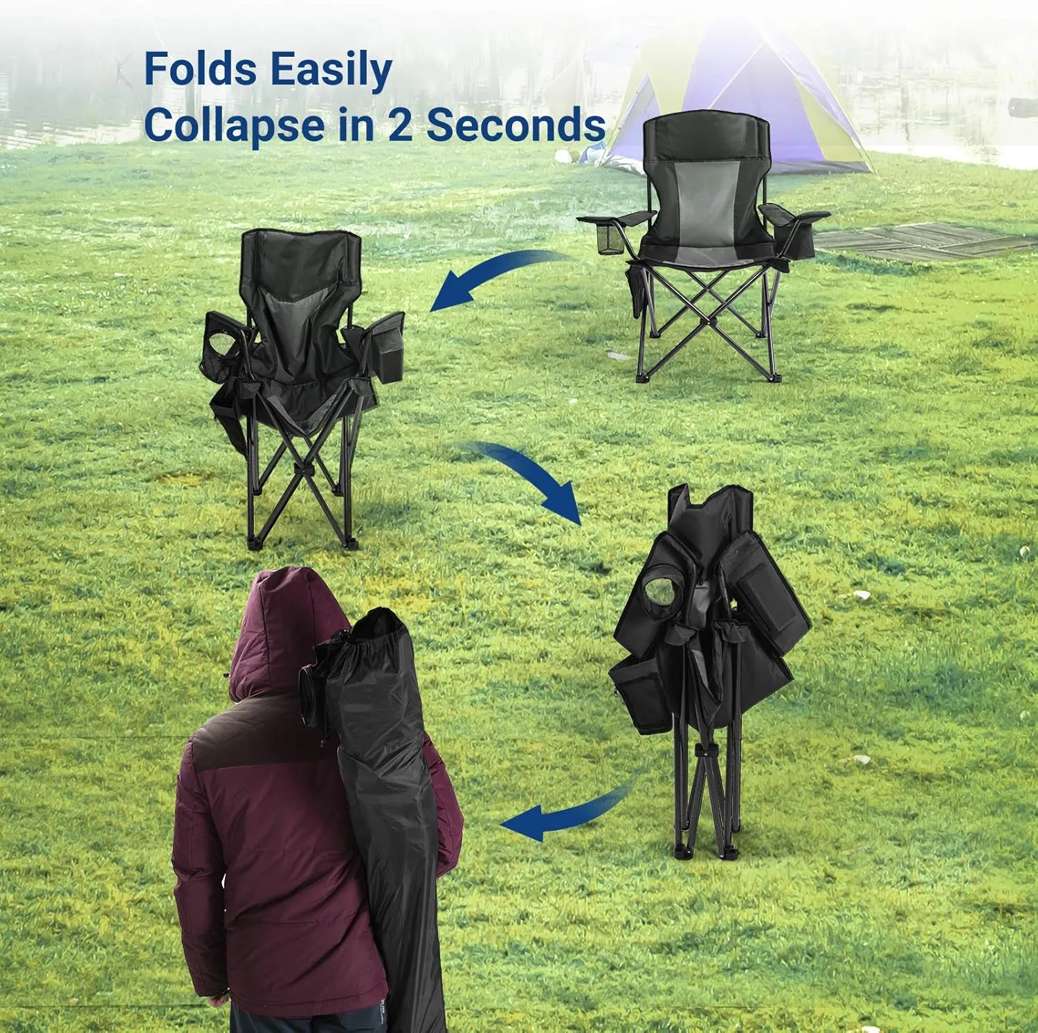 AsterOutdoor Camping Folding Chair Padded Quad Arm Chair with Large Cup Holders, Side Organizer & Back Pocket for Outdoor, Camp, Indoor, Patio, Fishing, Supports 350lbs