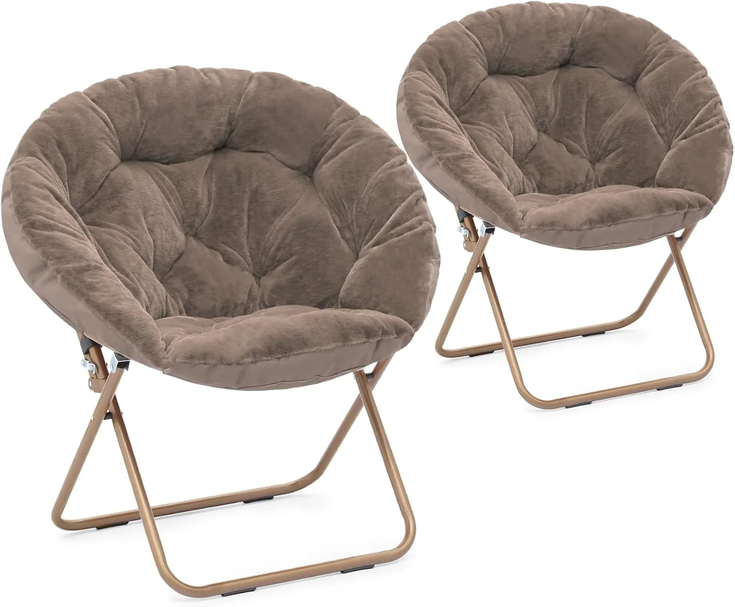 Athena Collection Comfy Saucer Chair Folding Cozy Chair for Bed Room Living Room Accent Chair Faux Fur Reading Chair Foldable Metal Frame Lazy Chair Moon Chair for Adult Set of 2, Brown