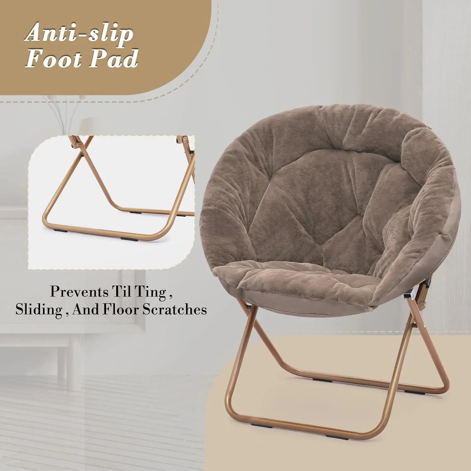 Athena Collection Comfy Saucer Chair Folding Cozy Chair for Bed Room Living Room Accent Chair Faux Fur Reading Chair Foldable Metal Frame Lazy Chair Moon Chair for Adult Set of 2, Brown