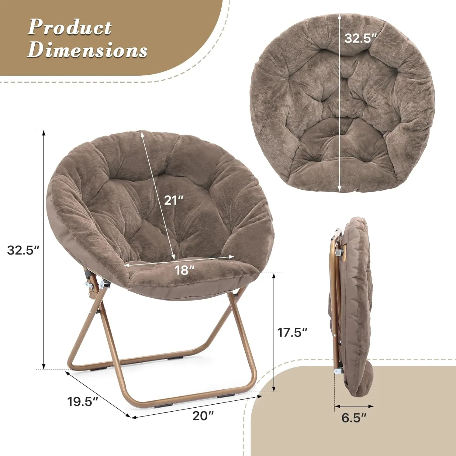 Athena Collection Comfy Saucer Chair Folding Cozy Chair for Bed Room Living Room Accent Chair Faux Fur Reading Chair Foldable Metal Frame Lazy Chair Moon Chair for Adult Set of 2, Brown