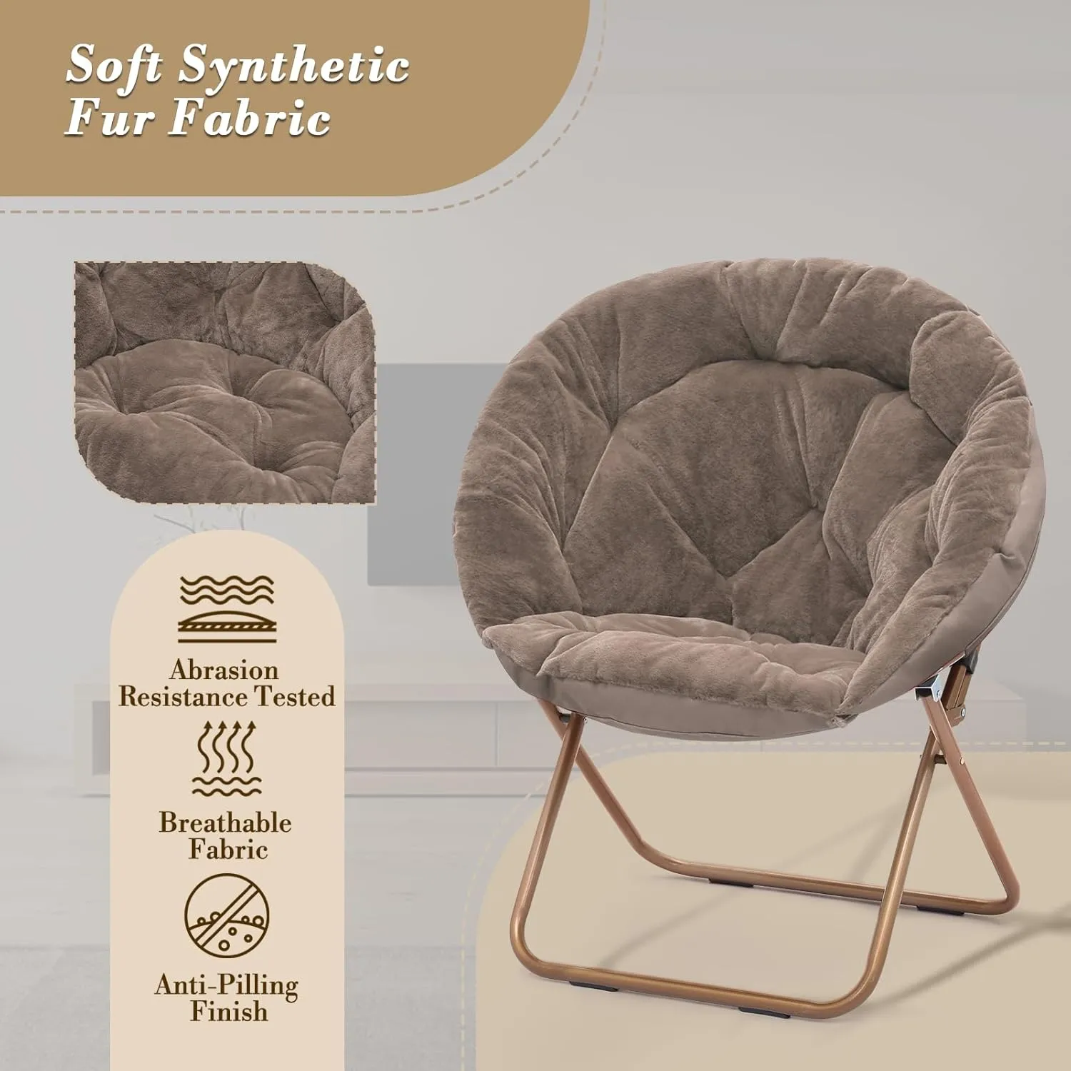 Athena Collection Comfy Saucer Chair Folding Cozy Chair for Bed Room Living Room Accent Chair Faux Fur Reading Chair Foldable Metal Frame Lazy Chair Moon Chair for Adult Set of 2, Brown