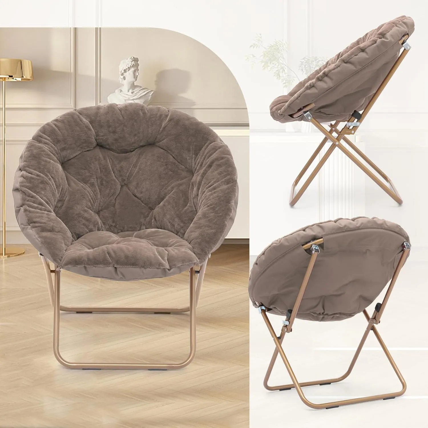 Athena Collection Comfy Saucer Chair Folding Cozy Chair for Bed Room Living Room Accent Chair Faux Fur Reading Chair Foldable Metal Frame Lazy Chair Moon Chair for Adult Set of 2, Brown