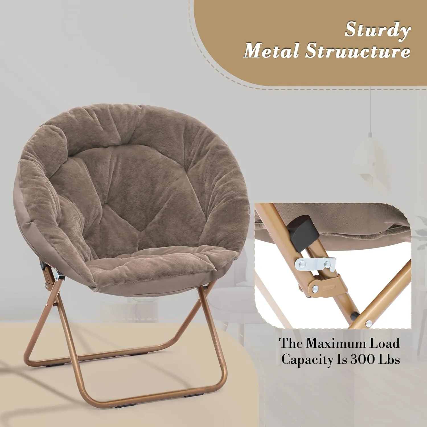 Athena Collection Comfy Saucer Chair Folding Cozy Chair for Bed Room Living Room Accent Chair Faux Fur Reading Chair Foldable Metal Frame Lazy Chair Moon Chair for Adult Set of 2, Brown