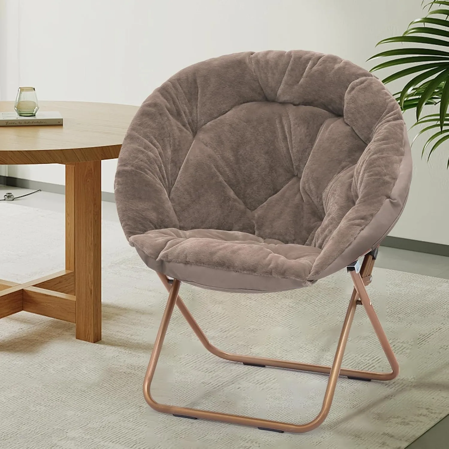 Athena Collection Comfy Saucer Chair Folding Cozy Chair for Bed Room Living Room Accent Chair Faux Fur Reading Chair Foldable Metal Frame Lazy Chair Moon Chair for Adult Set of 2, Brown