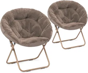 Athena Collection Comfy Saucer Chair Folding Cozy Chair for Bed Room Living Room Accent Chair Faux Fur Reading Chair Foldable Metal Frame Lazy Chair Moon Chair for Adult Set of 2, Brown