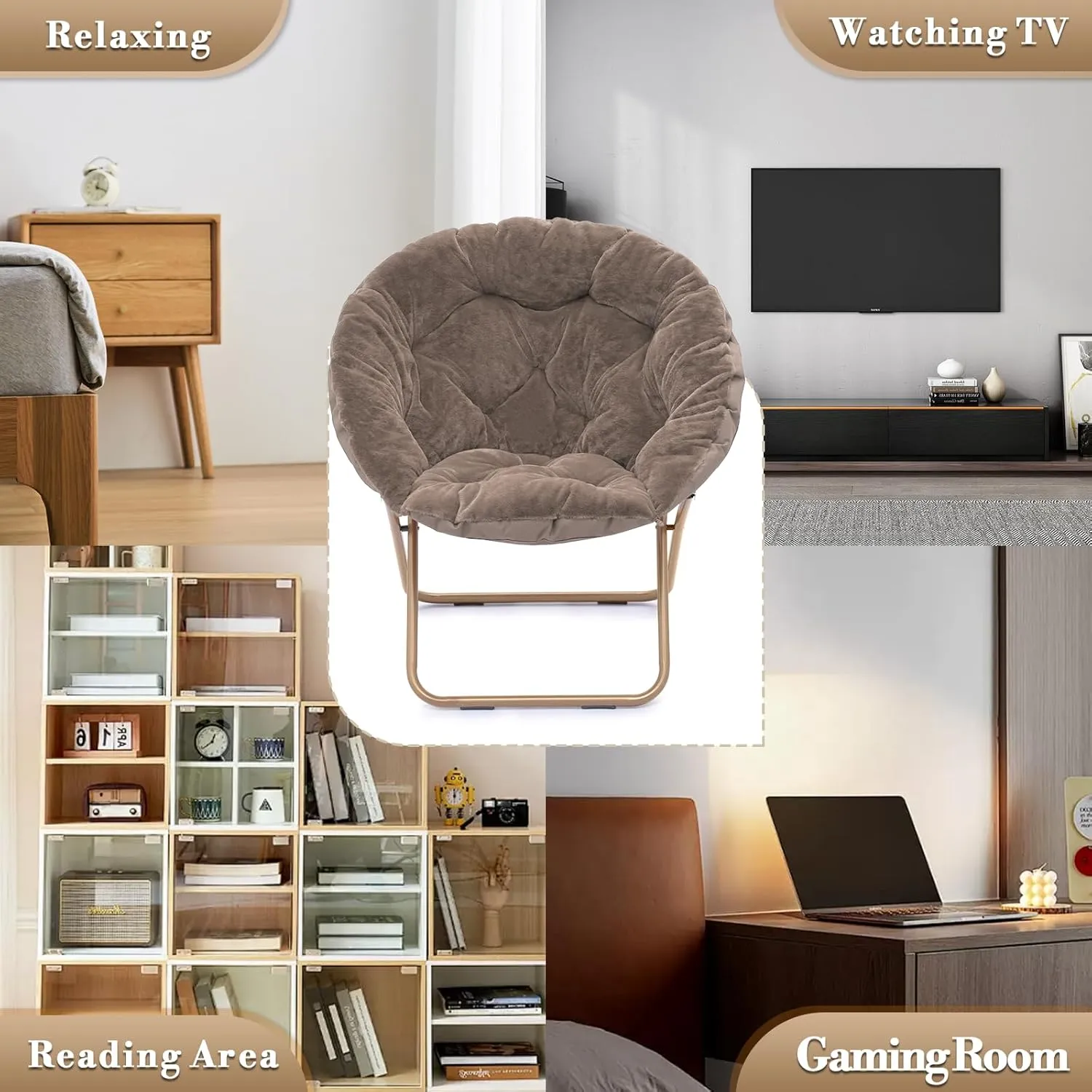 Athena Collection Comfy Saucer Chair Folding Cozy Chair for Bed Room Living Room Accent Chair Faux Fur Reading Chair Foldable Metal Frame Lazy Chair Moon Chair for Adult Set of 2, Brown