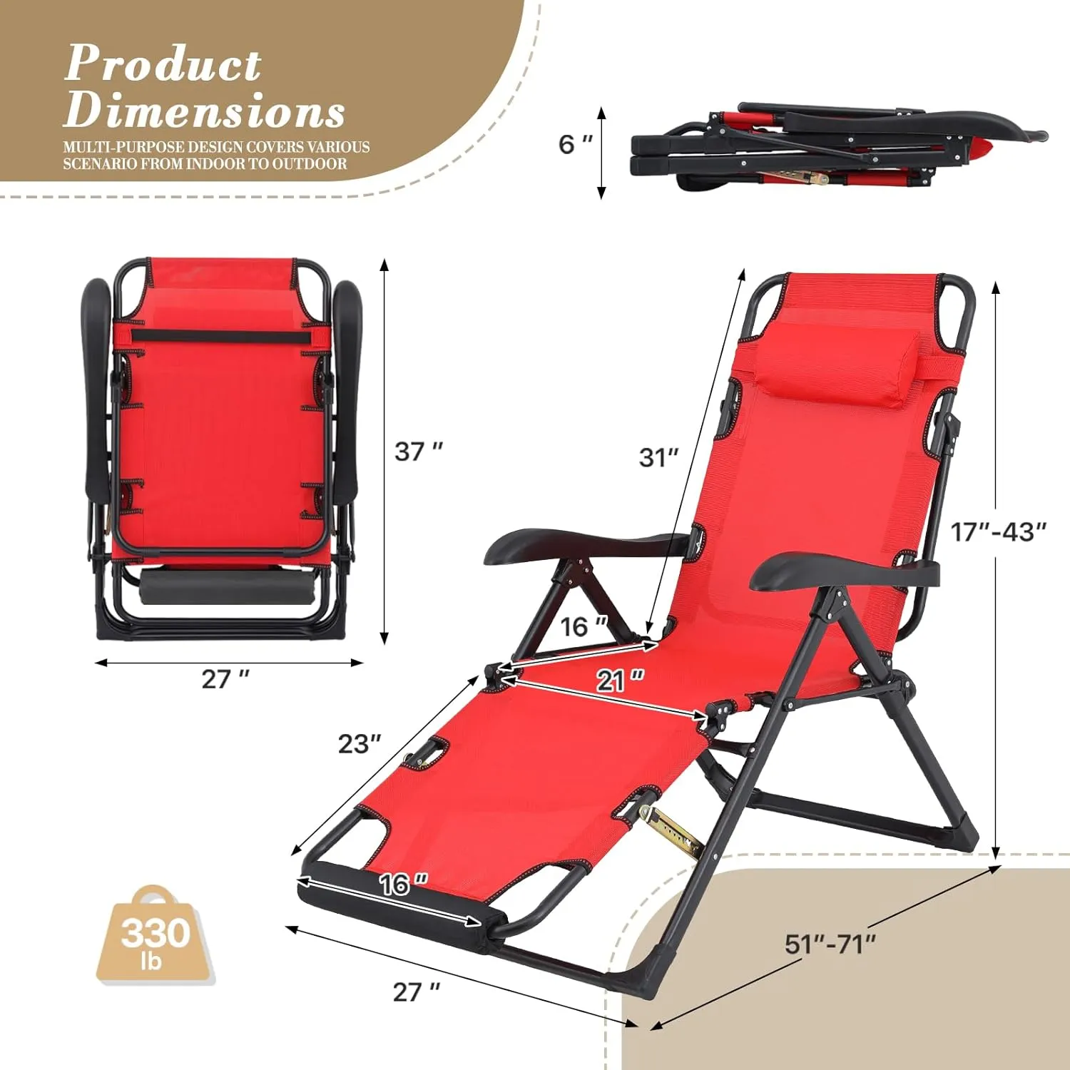 Athena Collection Zero Gravity Outdoor Lounge Chair Recliner Set of 2, 27" Width Reclining Pool Lounge Lawn Chairs with Headrest, Outdoor Chaise for Beach Patio Backyard Outside, Red