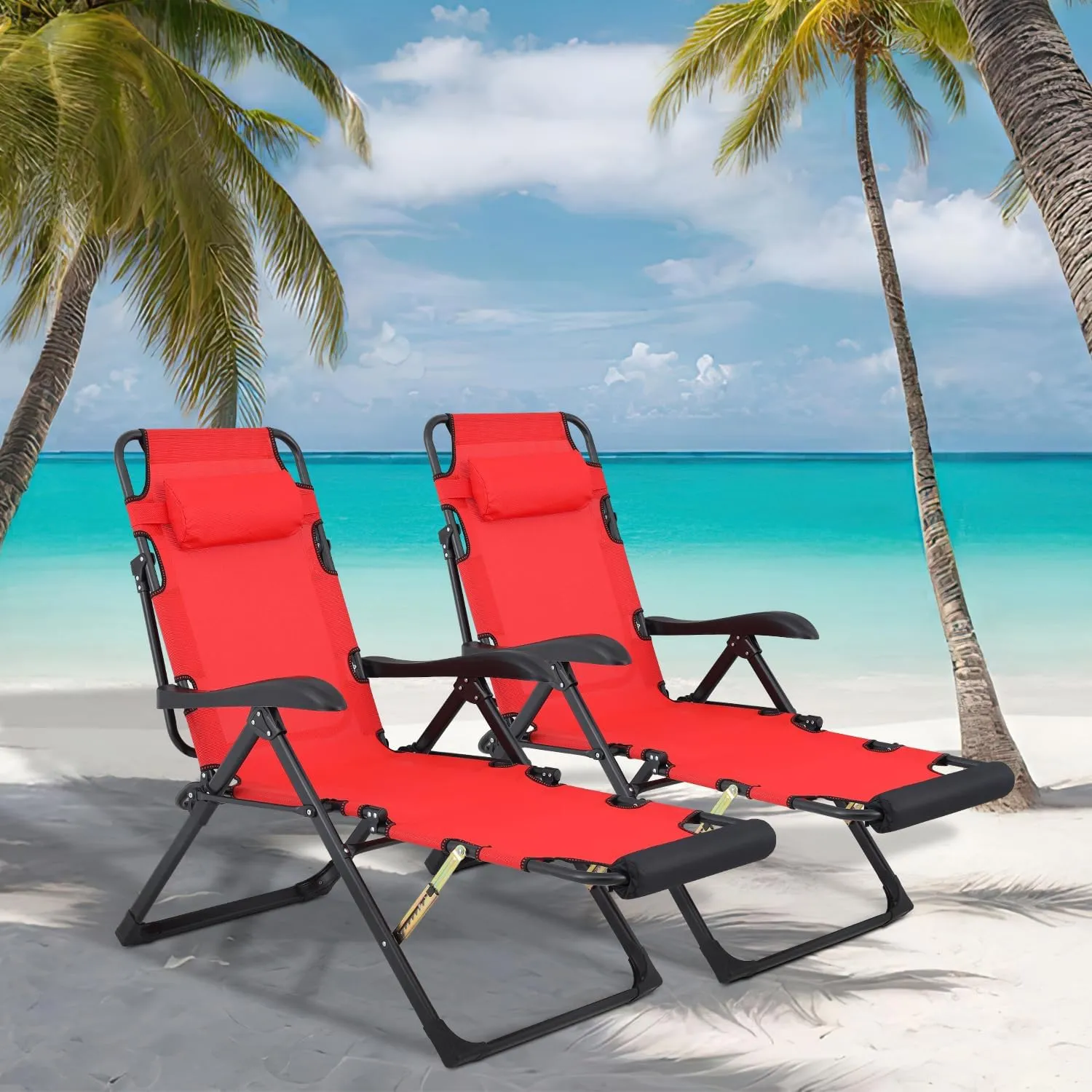 Athena Collection Zero Gravity Outdoor Lounge Chair Recliner Set of 2, 27" Width Reclining Pool Lounge Lawn Chairs with Headrest, Outdoor Chaise for Beach Patio Backyard Outside, Red