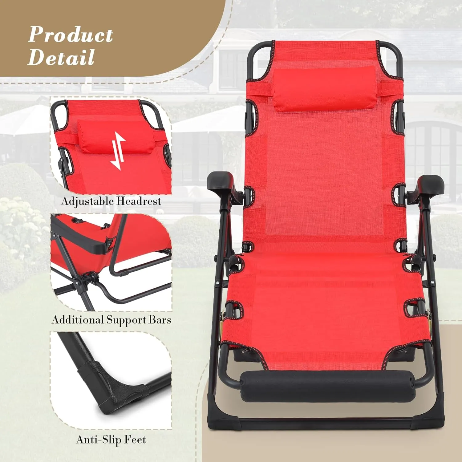 Athena Collection Zero Gravity Outdoor Lounge Chair Recliner Set of 2, 27" Width Reclining Pool Lounge Lawn Chairs with Headrest, Outdoor Chaise for Beach Patio Backyard Outside, Red