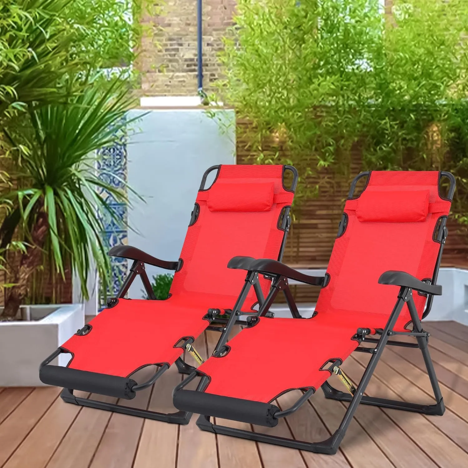 Athena Collection Zero Gravity Outdoor Lounge Chair Recliner Set of 2, 27" Width Reclining Pool Lounge Lawn Chairs with Headrest, Outdoor Chaise for Beach Patio Backyard Outside, Red