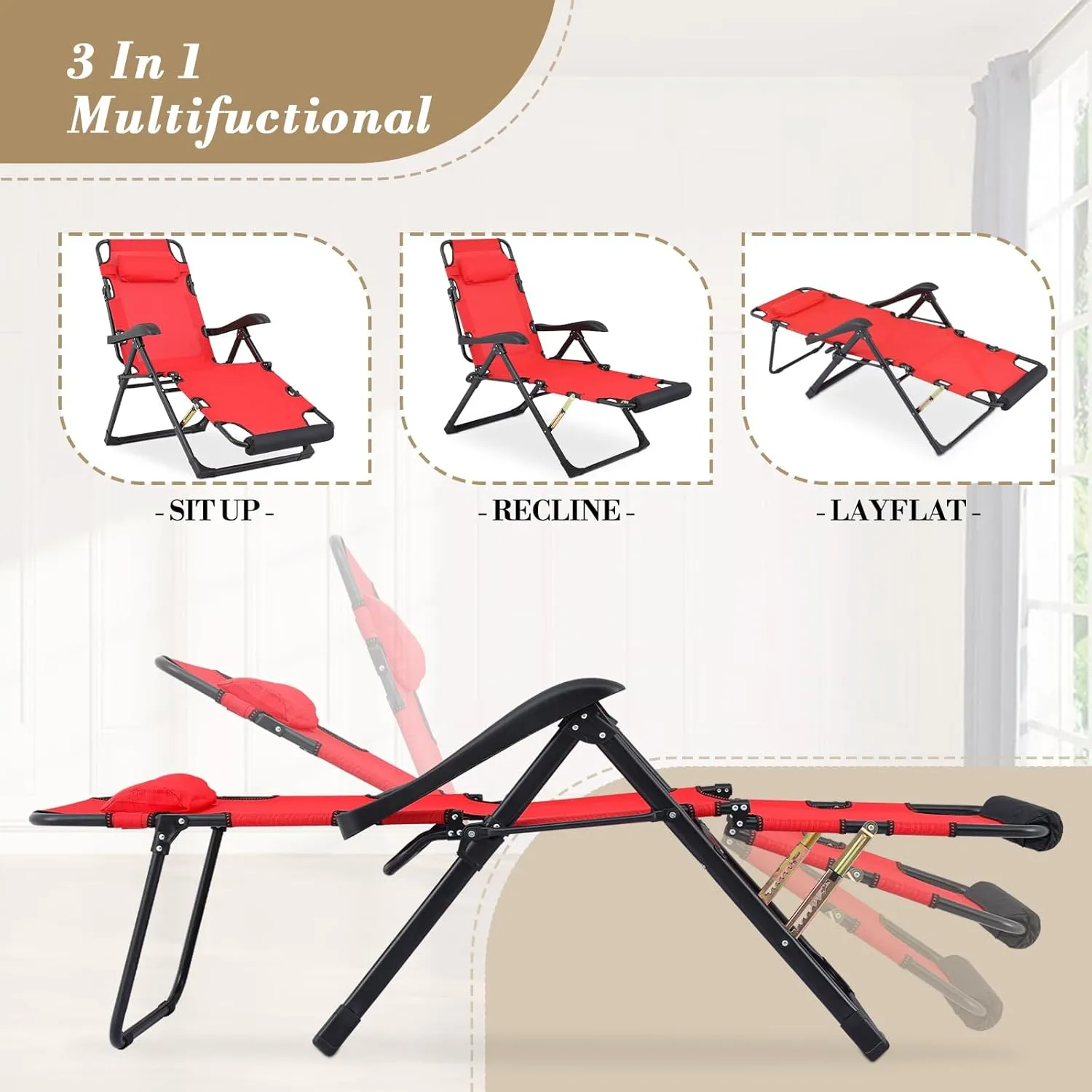 Athena Collection Zero Gravity Outdoor Lounge Chair Recliner Set of 2, 27" Width Reclining Pool Lounge Lawn Chairs with Headrest, Outdoor Chaise for Beach Patio Backyard Outside, Red