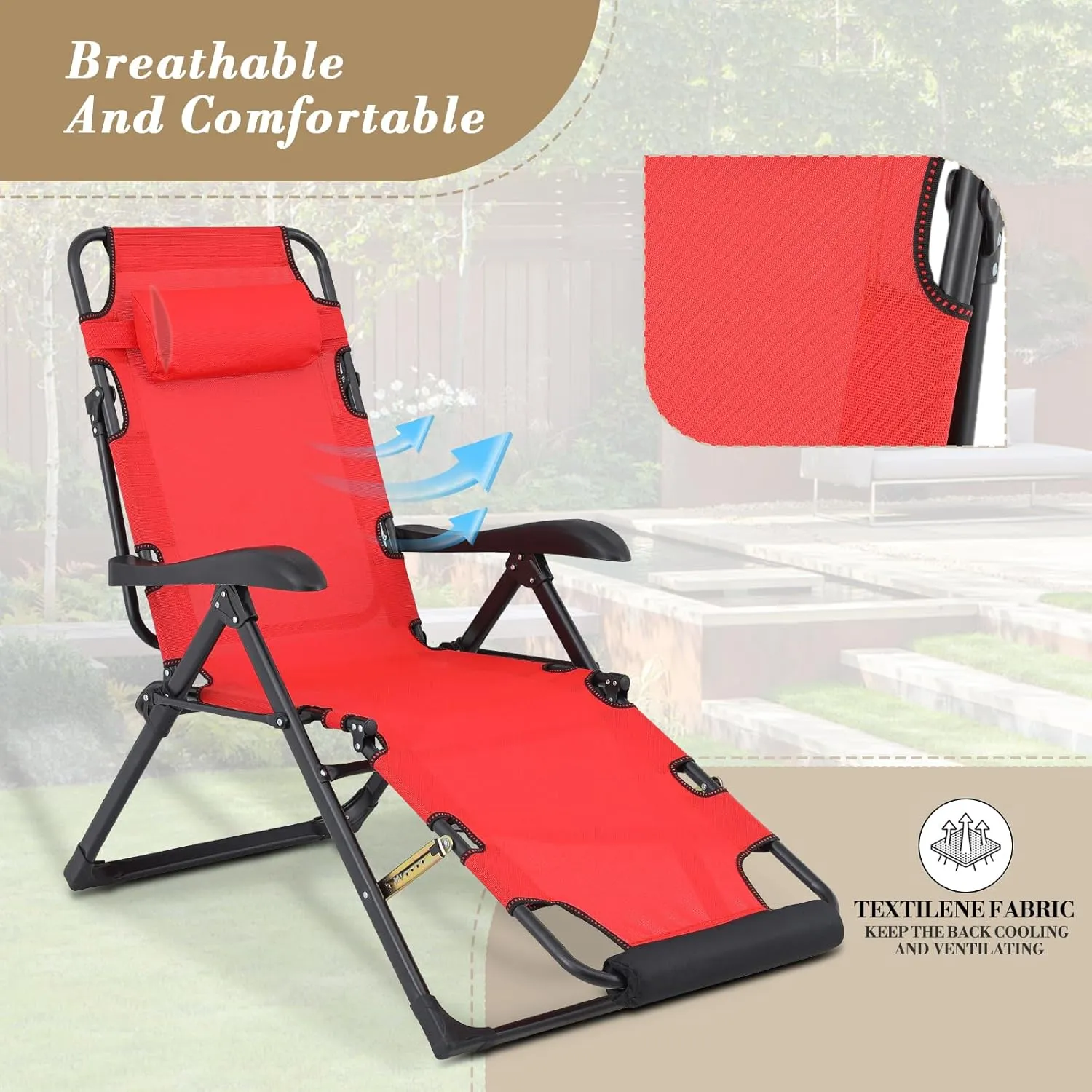 Athena Collection Zero Gravity Outdoor Lounge Chair Recliner Set of 2, 27" Width Reclining Pool Lounge Lawn Chairs with Headrest, Outdoor Chaise for Beach Patio Backyard Outside, Red