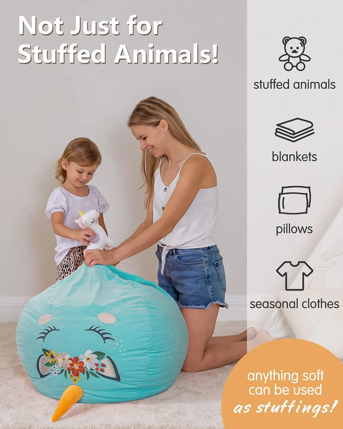 Aubliss Bean Bag Cover for Stuffed Animal Storage - Unicorn Bean Bag Velvet Cover (No Beans) - Large Stuff 'n Sit Organization for Kids Toy Storage (Large, Cyan)