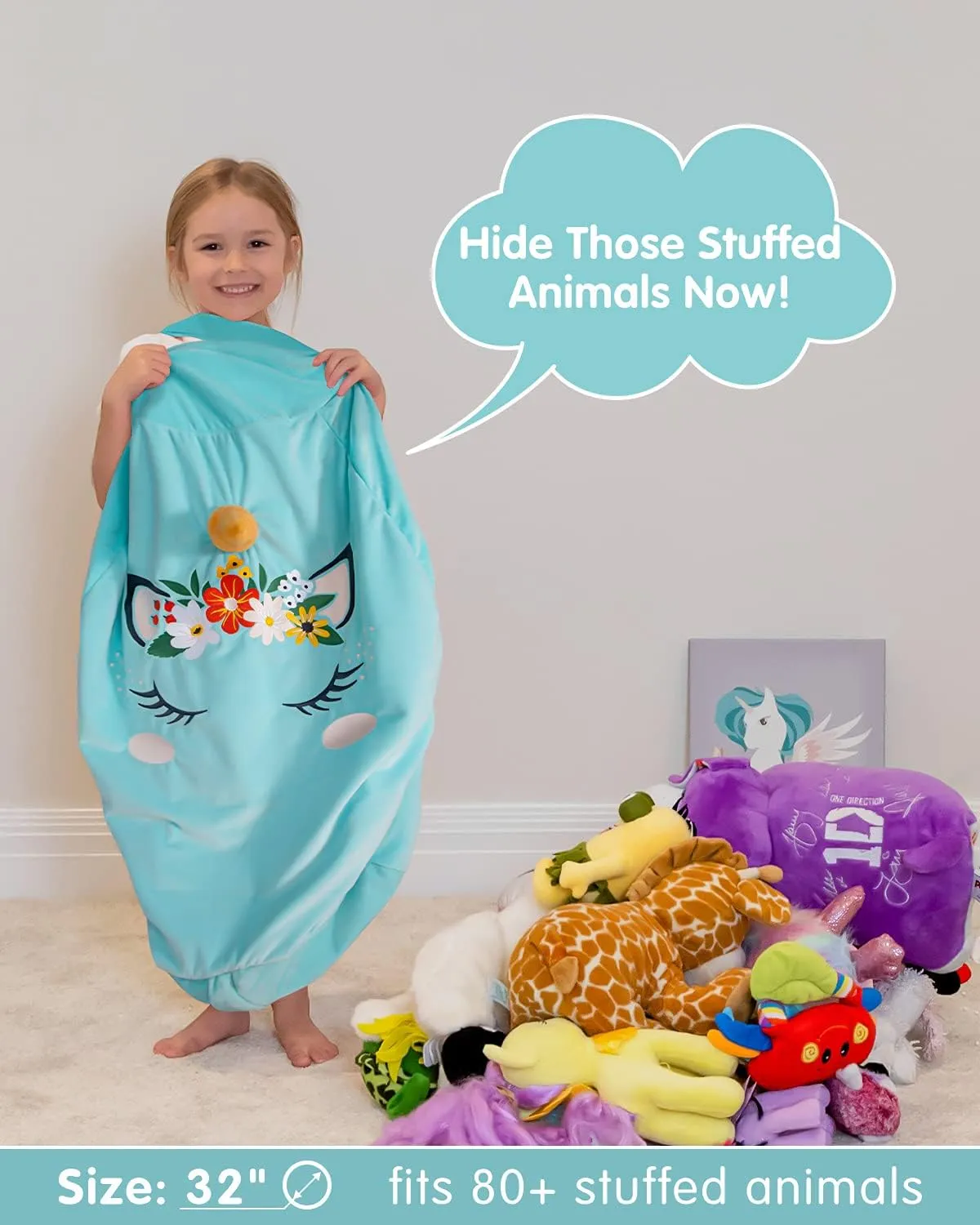 Aubliss Bean Bag Cover for Stuffed Animal Storage - Unicorn Bean Bag Velvet Cover (No Beans) - Large Stuff 'n Sit Organization for Kids Toy Storage (Large, Cyan)