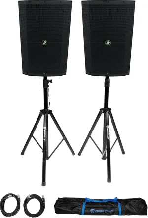Audiosavings Bundle: (2) Mackie Thump215XT 15" 1400 Watt Enhanced Powered DJ PA Speaker Thump 215XT Bundle with Pair of Rockville Adjustable Tripod Speaker/Light Stands  20 Foot XLR Cables (3 Items)