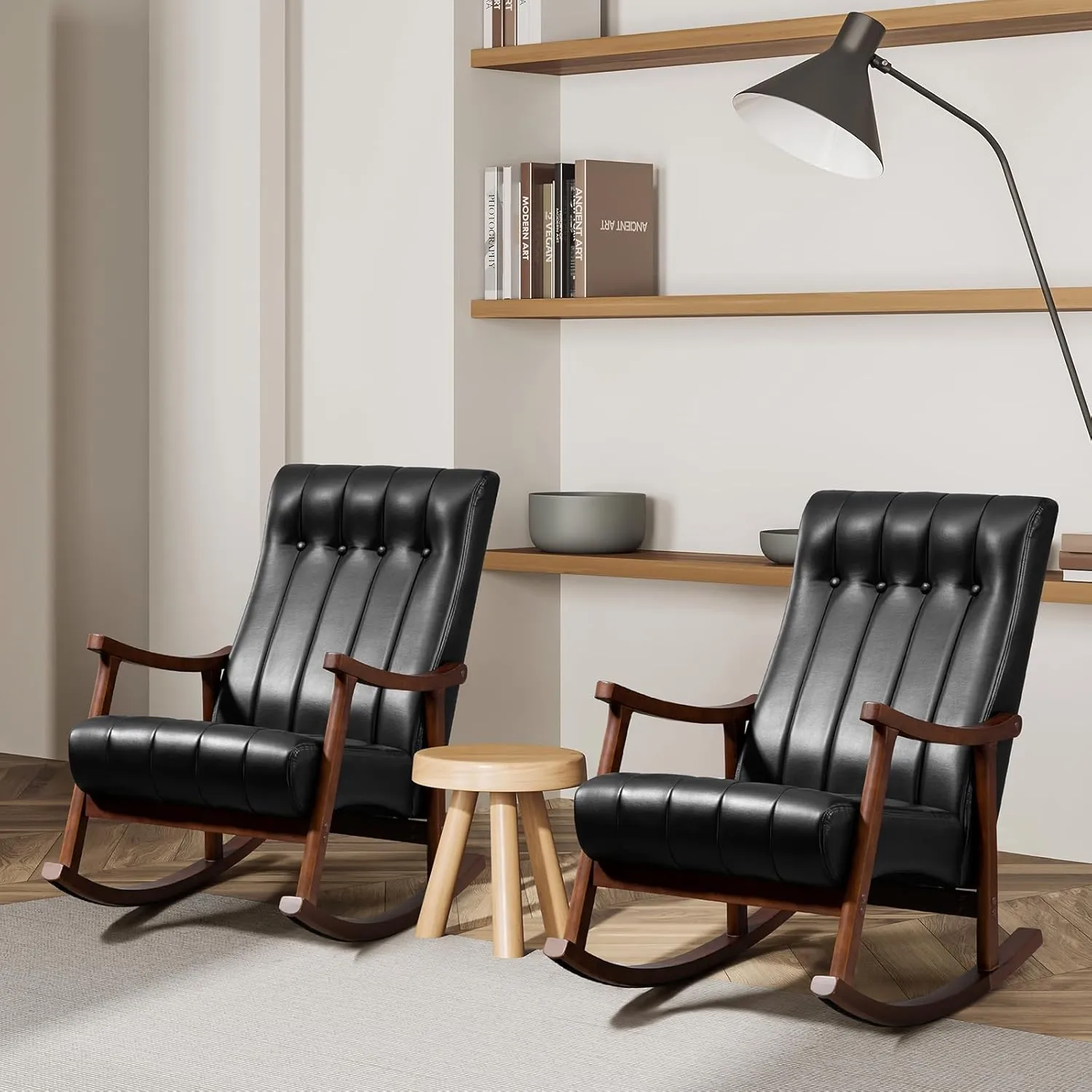 AVAWING 2PCS Upholstered Rocking Chair, Modern Glider Rocker with PU Padded Seat, Accent Rocking Chair for Living Room, Bedroom & Nursery, Wooden High Back Armchair,PU, Black