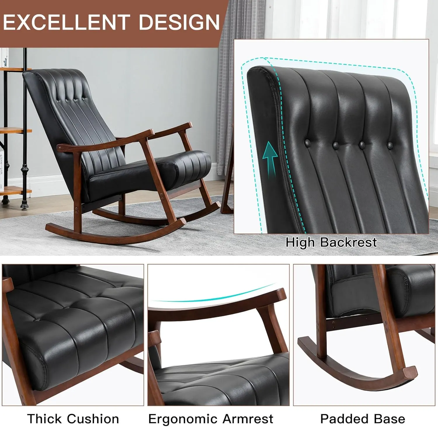 AVAWING 2PCS Upholstered Rocking Chair, Modern Glider Rocker with PU Padded Seat, Accent Rocking Chair for Living Room, Bedroom & Nursery, Wooden High Back Armchair,PU, Black