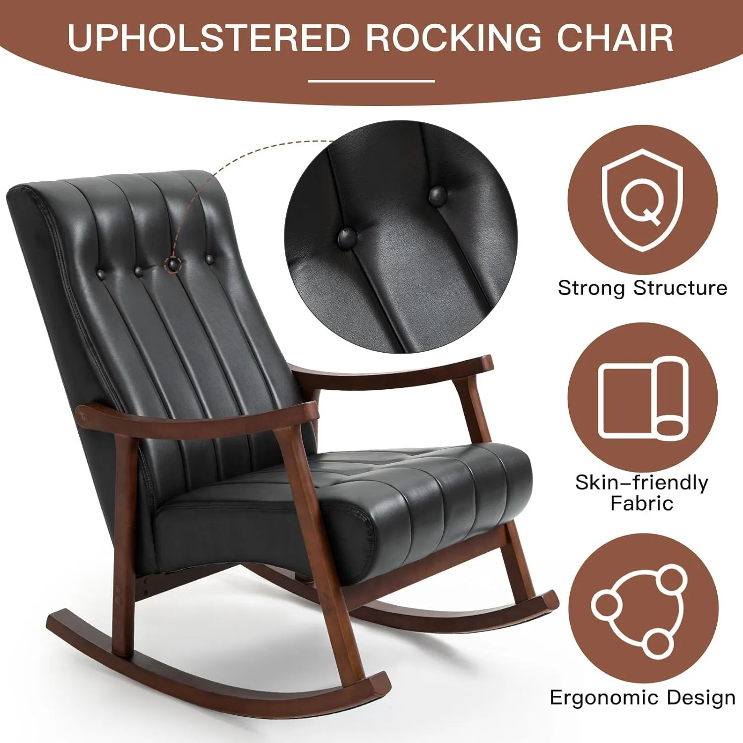 AVAWING 2PCS Upholstered Rocking Chair, Modern Glider Rocker with PU Padded Seat, Accent Rocking Chair for Living Room, Bedroom & Nursery, Wooden High Back Armchair,PU, Black