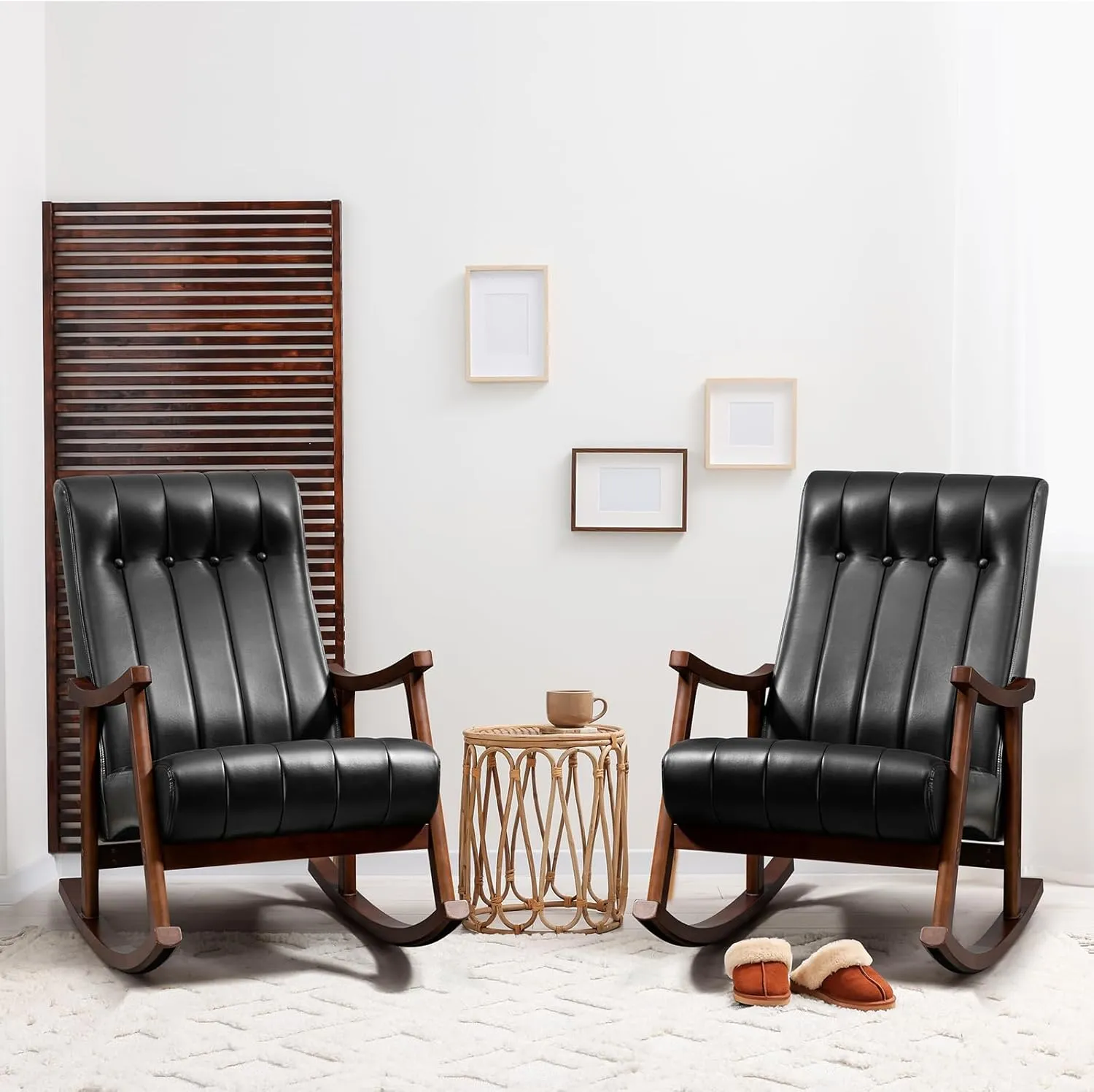 AVAWING 2PCS Upholstered Rocking Chair, Modern Glider Rocker with PU Padded Seat, Accent Rocking Chair for Living Room, Bedroom & Nursery, Wooden High Back Armchair,PU, Black