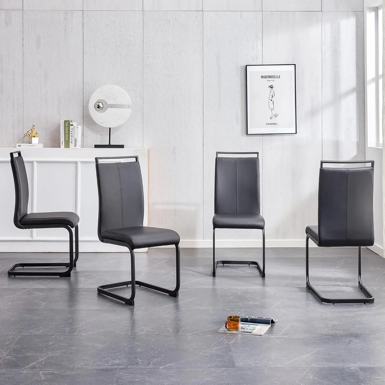AZmac Modern Leather Dining Chairs Set of 4,Armless Kitchen Chairs,Dining Room Chairs with Upholstered Padded Seat and Sturdy Chrome Legs for Dining Room,Kitchen (Set of 4, Black-Black Leg)