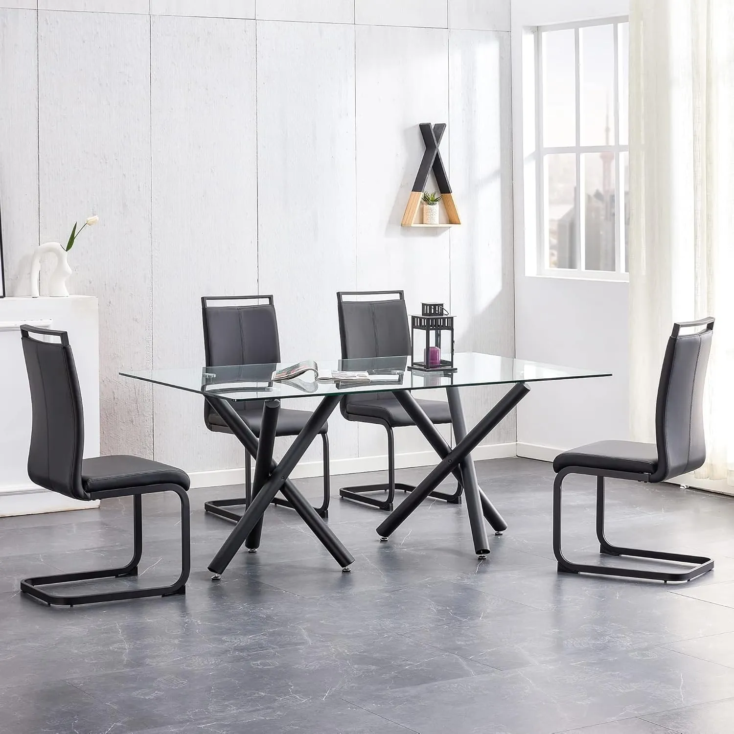 AZmac Modern Leather Dining Chairs Set of 4,Armless Kitchen Chairs,Dining Room Chairs with Upholstered Padded Seat and Sturdy Chrome Legs for Dining Room,Kitchen (Set of 4, Black-Black Leg)