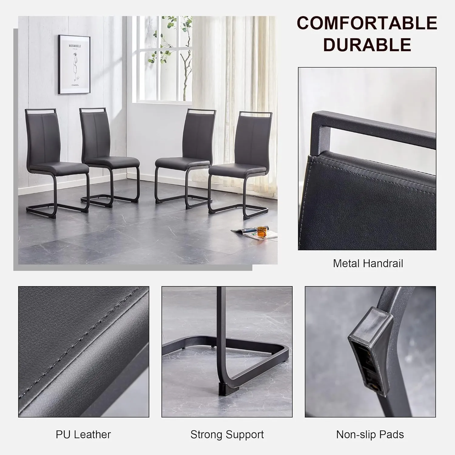 AZmac Modern Leather Dining Chairs Set of 4,Armless Kitchen Chairs,Dining Room Chairs with Upholstered Padded Seat and Sturdy Chrome Legs for Dining Room,Kitchen (Set of 4, Black-Black Leg)