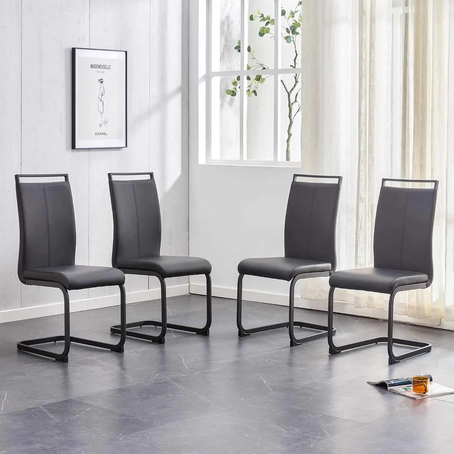 AZmac Modern Leather Dining Chairs Set of 4,Armless Kitchen Chairs,Dining Room Chairs with Upholstered Padded Seat and Sturdy Chrome Legs for Dining Room,Kitchen (Set of 4, Black-Black Leg)