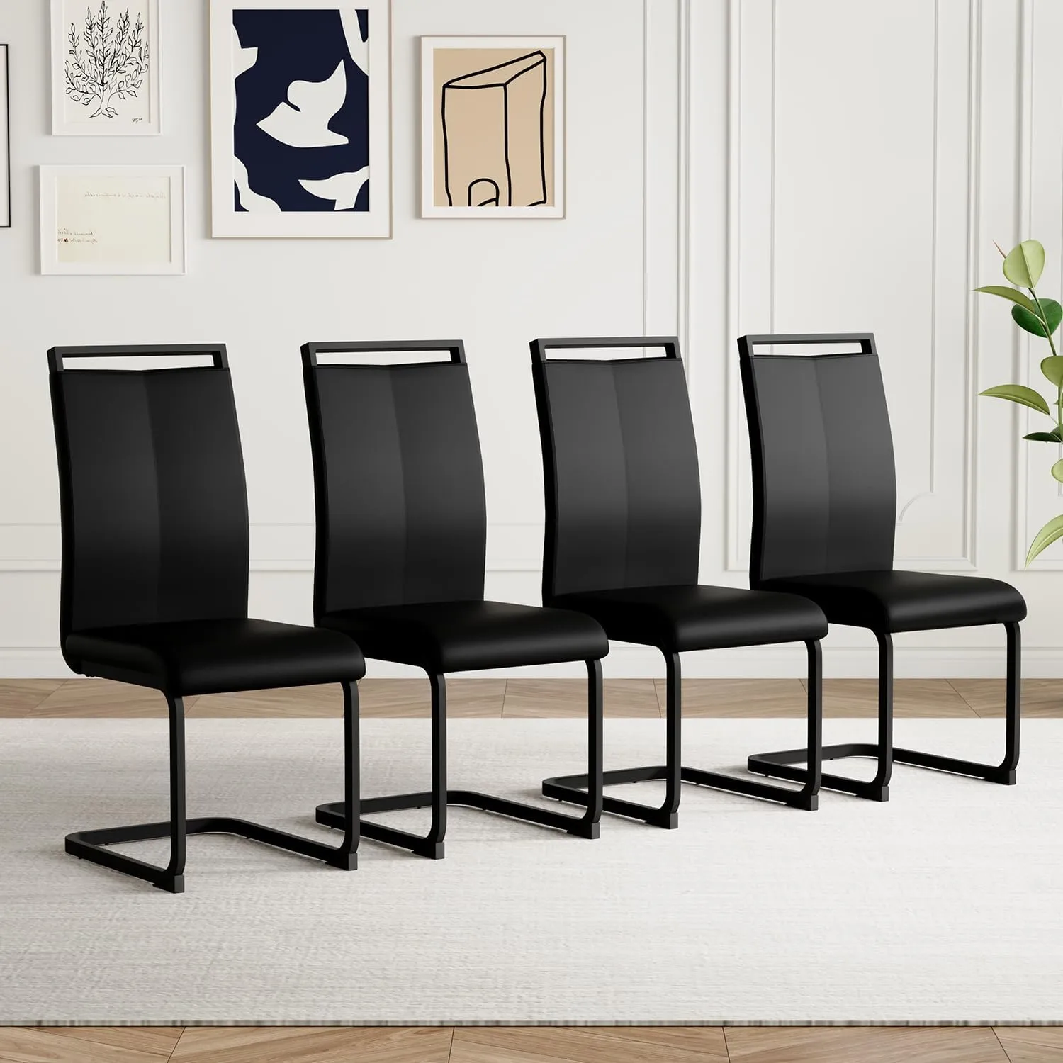AZmac Modern Leather Dining Chairs Set of 4,Armless Kitchen Chairs,Dining Room Chairs with Upholstered Padded Seat and Sturdy Chrome Legs for Dining Room,Kitchen (Set of 4, Black-Black Leg)