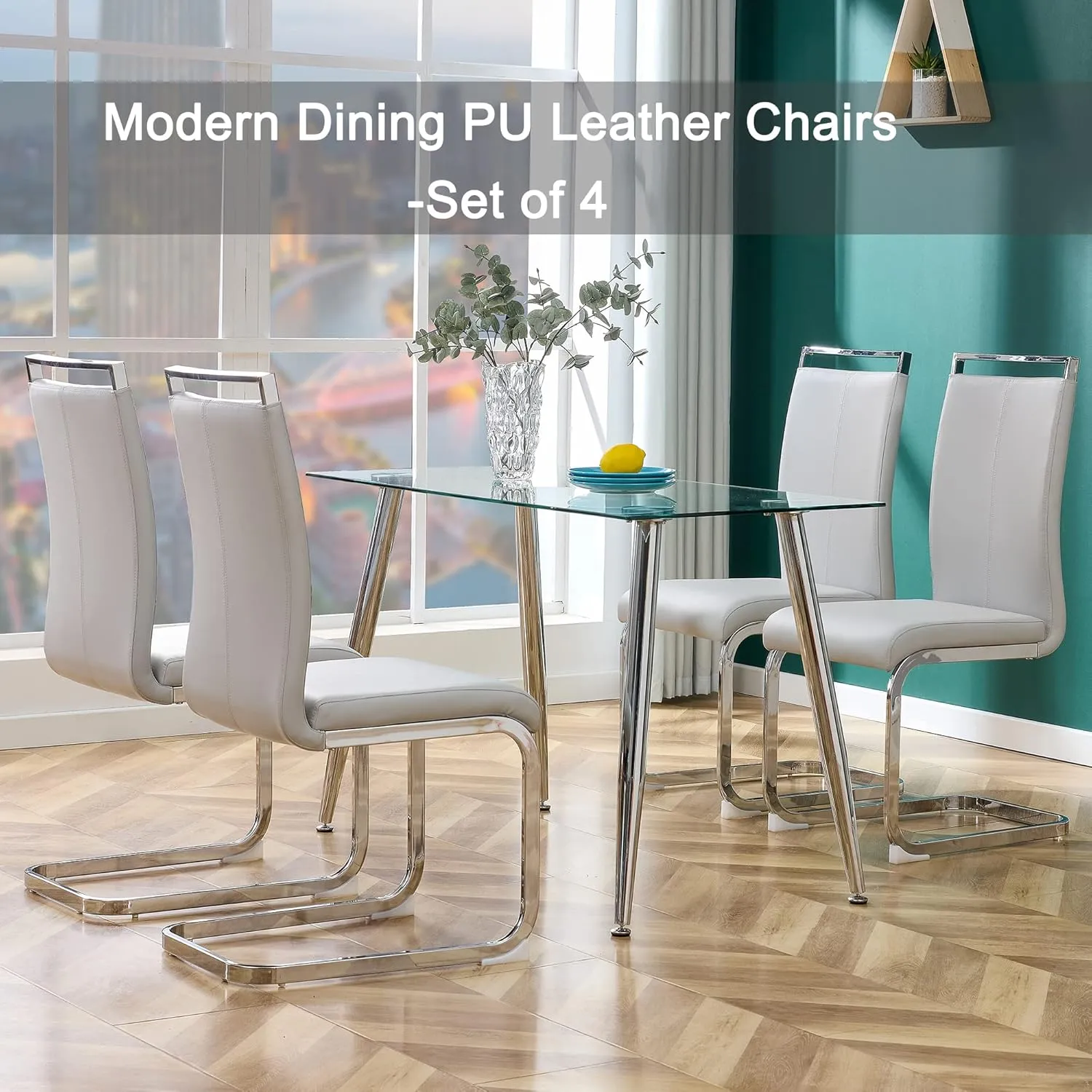 AZmac Modern Leather Dining Chairs Set of 4,Armless Kitchen Chairs,Dining Room Chairs with Upholstered Padded Seat and Sturdy Chrome Legs for Dining Room,Kitchen (Set of 4, Warm Grey)